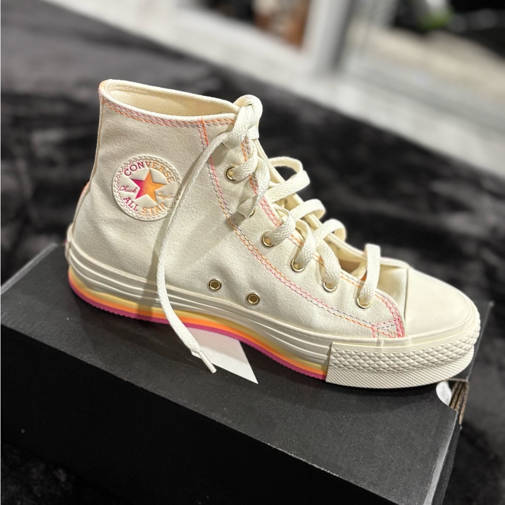 Converse High-Top Sneakers in Cream with Rainbow Sole